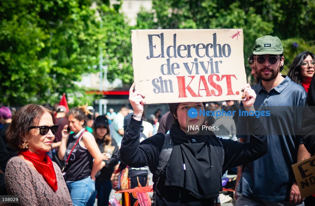 SANTIAGO, CHILE, OCTOBER 19, 2026: Demonstrators march in Santiago to mark the seventh anniversary of Chile’s 2019 social uprising, known as the “estallido social.” The movement began with protests against increased metro fares and developed into nationwide demonstrations over inequality, the cost of living and access to public services. (Photo by Mauro Arlegui/JNA Press via Nexpher Images)