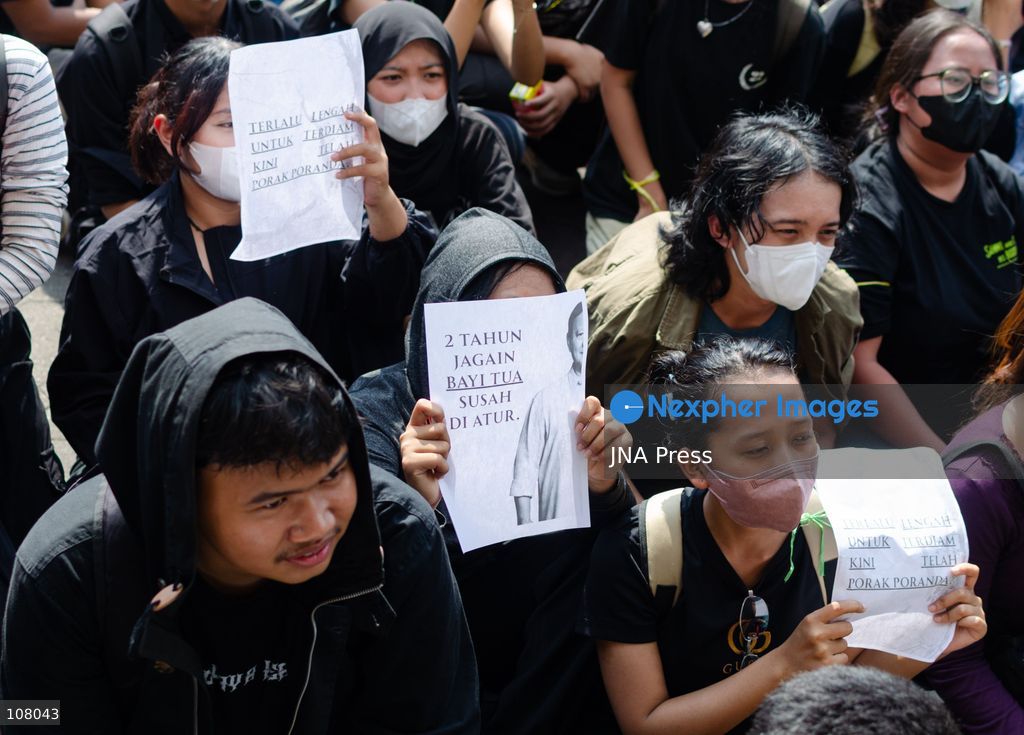 YOGYAKARTA, INDONESIA, OCTOBER 20, 2026: University students and activists hold banners and flags during a demonstration outside the Regional People's Representative Council (DPRD) building in Yogyakarta. The rally marks two years of President Prabowo Subianto and Vice President Gibran Rakabuming Raka’s administration, with protesters calling for policy reforms and greater government accountability. (Photo by Messa Adi Saputra/JNA Press via Nexpher Images)
