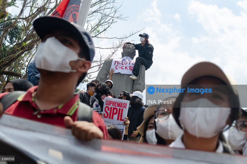 YOGYAKARTA, INDONESIA, OCTOBER 20, 2026: University students and activists hold banners and flags during a demonstration outside the Regional People's Representative Council (DPRD) building in Yogyakarta. The rally marks two years of President Prabowo Subianto and Vice President Gibran Rakabuming Raka’s administration, with protesters calling for policy reforms and greater government accountability. (Photo by Messa Adi Saputra/JNA Press via Nexpher Images)