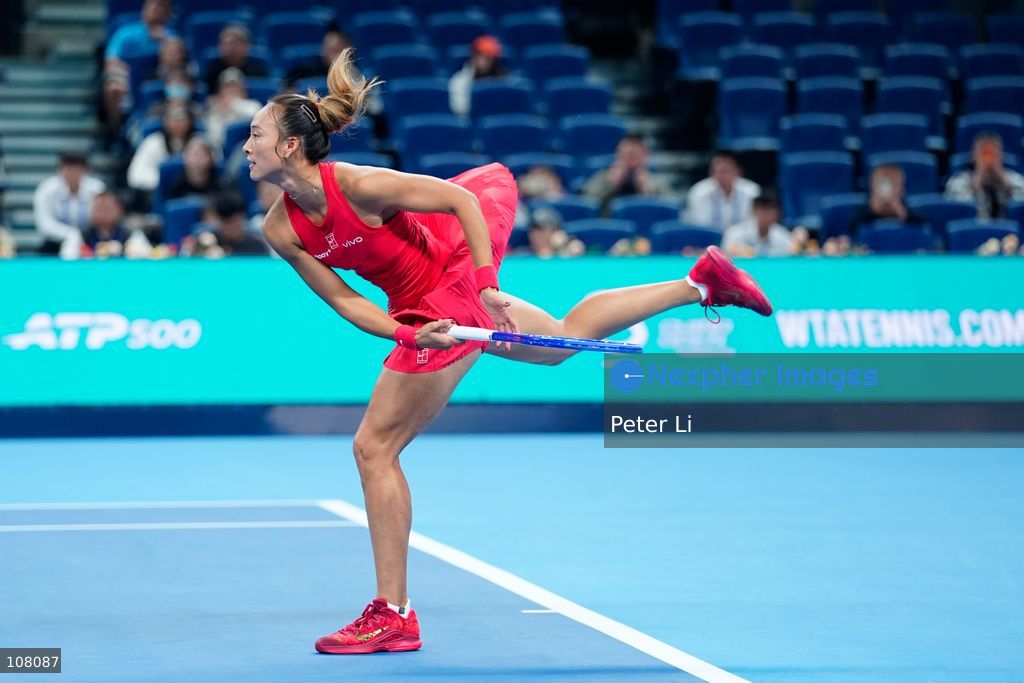 Qinwen Zheng of China in action against Alina Charaeva of Armenia during Women's Singles Round of 16 match on day eight of China Open at the National Tennis Center on October 7, 2026 in Beijing, China. (Photo by Peter Li/Nexpher Images)