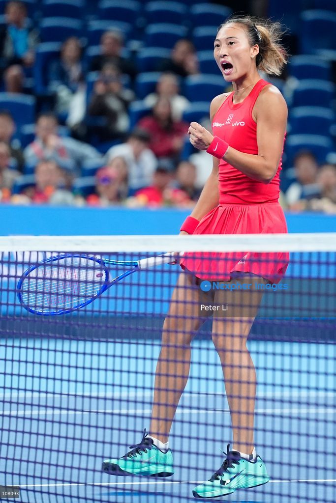 Qinwen Zheng of China in action against Alina Charaeva of Armenia during Women's Singles Round of 16 match on day eight of China Open at the National Tennis Center on October 7, 2026 in Beijing, China. (Photo by Peter Li/Nexpher Images)