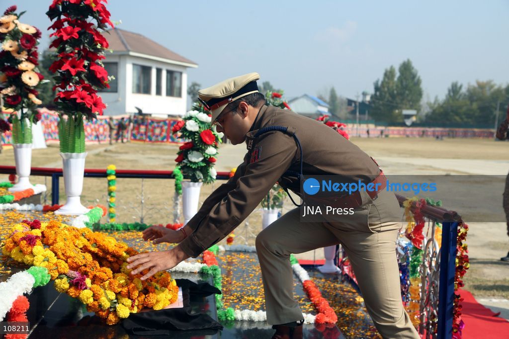 PULWAMA, JAMMU AND KASHMIR, INDIA - OCTOBER 21, 2026: Police Commemoration Day is observed at District Police Lines (DPL) to pay tribute to police personnel who lost their lives in the line of duty, including during encounters and operations against militants. Deputy Commissioner (DC) K. K. Sidha and Senior Superintendent of Police (SSP) Sahil Sarangal lay a wreath at the Martyrs’ Memorial to honour their sacrifice and courage. (Photo by Nisar Ul Haq Allai/JNA Press via Nexpher Images)