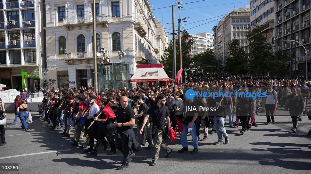 ATHENS, GREECE, OCTOBER 21, 2026: Students and educators march through central Athens towards the Greek Parliament during nationwide education protests and teachers’ strike action. Demonstrators demand increased public education funding, improved school facilities, smaller classes and higher teachers’ salaries, while opposing education privatisation. (Photo by Vedat Yeler/JNA Press via Nexpher Images)