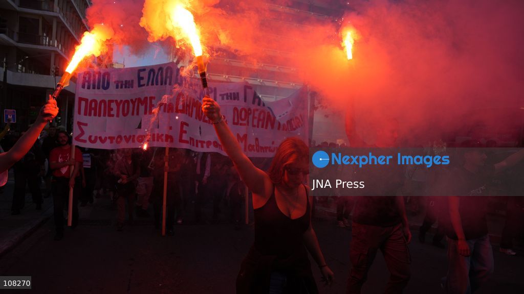 ATHENS, GREECE, OCTOBER 21, 2026: Students and educators march through central Athens towards the Greek Parliament during nationwide education protests and teachers’ strike action. Demonstrators demand increased public education funding, improved school facilities, smaller classes and higher teachers’ salaries, while opposing education privatisation. (Photo by Vedat Yeler/JNA Press via Nexpher Images)