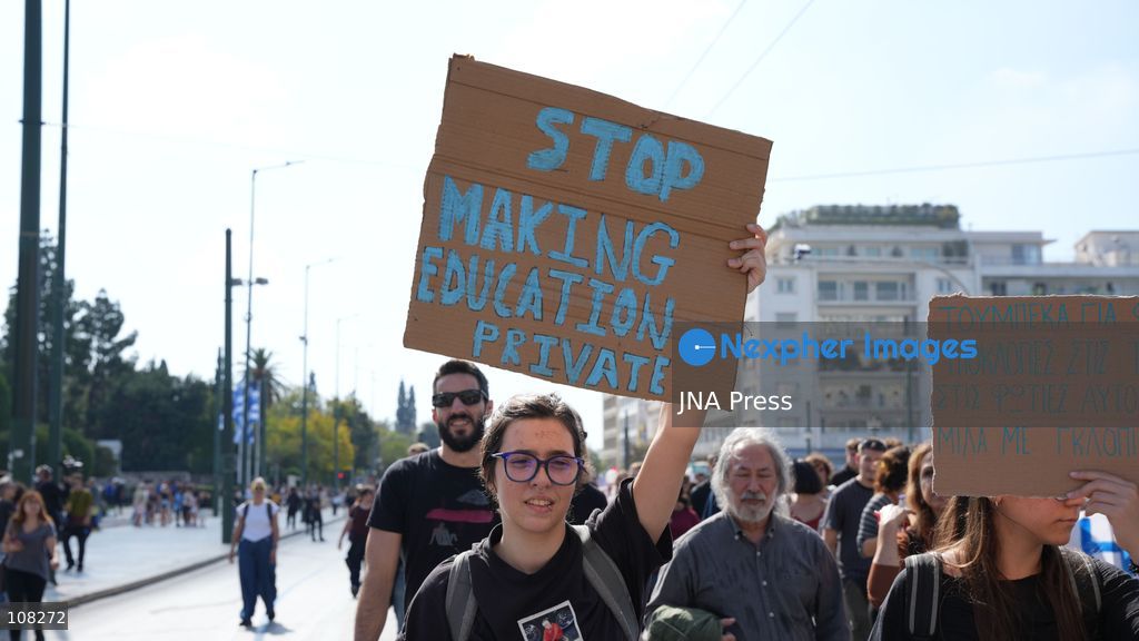 ATHENS, GREECE, OCTOBER 21, 2026: Students and educators march through central Athens towards the Greek Parliament during nationwide education protests and teachers’ strike action. Demonstrators demand increased public education funding, improved school facilities, smaller classes and higher teachers’ salaries, while opposing education privatisation. (Photo by Vedat Yeler/JNA Press via Nexpher Images)