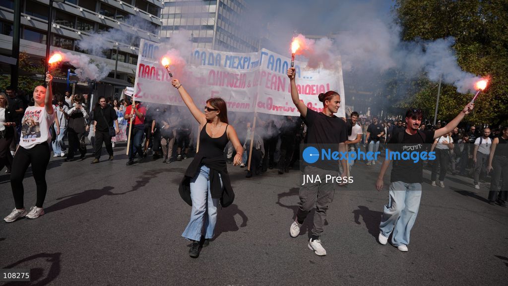 ATHENS, GREECE, OCTOBER 21, 2026: Students and educators march through central Athens towards the Greek Parliament during nationwide education protests and teachers’ strike action. Demonstrators demand increased public education funding, improved school facilities, smaller classes and higher teachers’ salaries, while opposing education privatisation. (Photo by Vedat Yeler/JNA Press via Nexpher Images)