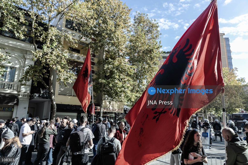 TIRANA, ALBANIA, OCTOBER 22, 2026: Demonstrators gather outside the Albanian Parliament as lawmakers convene for a plenary session amid continuing student-led anti-government protests. The movement calls for improved university conditions, increased education funding and greater government accountability, alongside demands for Prime Minister Edi Rama’s resignation. (Photo by Konstantinos Zilos/JNA Press via Nexpher Images)