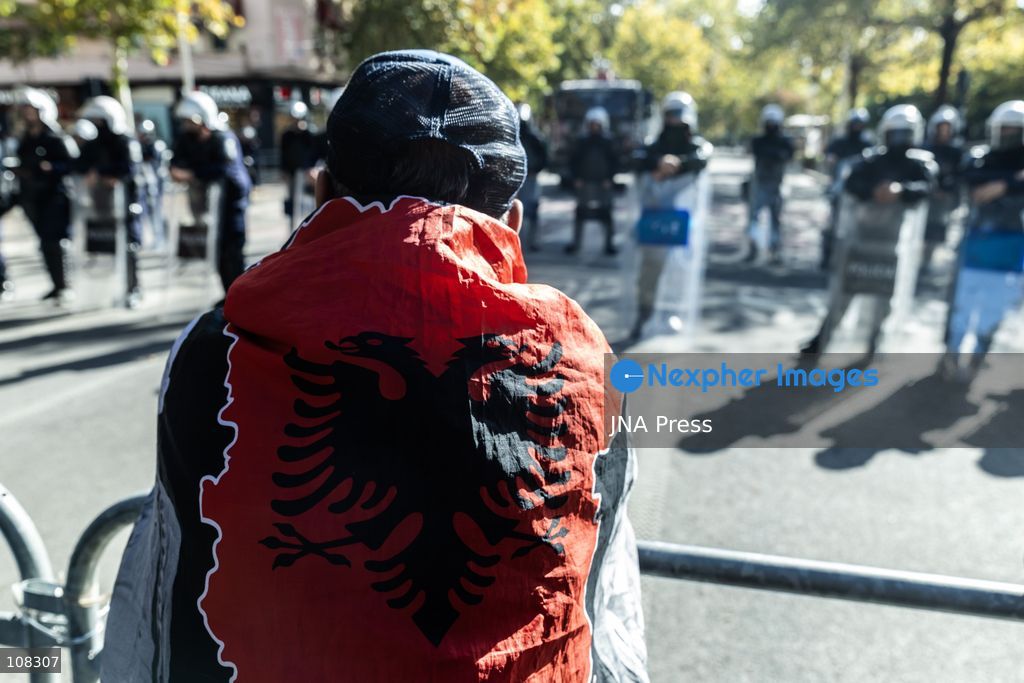 TIRANA, ALBANIA, OCTOBER 22, 2026: Demonstrators gather outside the Albanian Parliament as lawmakers convene for a plenary session amid continuing student-led anti-government protests. The movement calls for improved university conditions, increased education funding and greater government accountability, alongside demands for Prime Minister Edi Rama’s resignation. (Photo by Konstantinos Zilos/JNA Press via Nexpher Images)