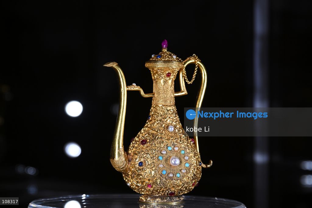 A magnificent imperial embellished gold ewer and cover, displaying at Christie's Asia Pacific Headquarters on October 22, 2026 in Hong Kong. (Photo by kobe Li/Nexpher Images)