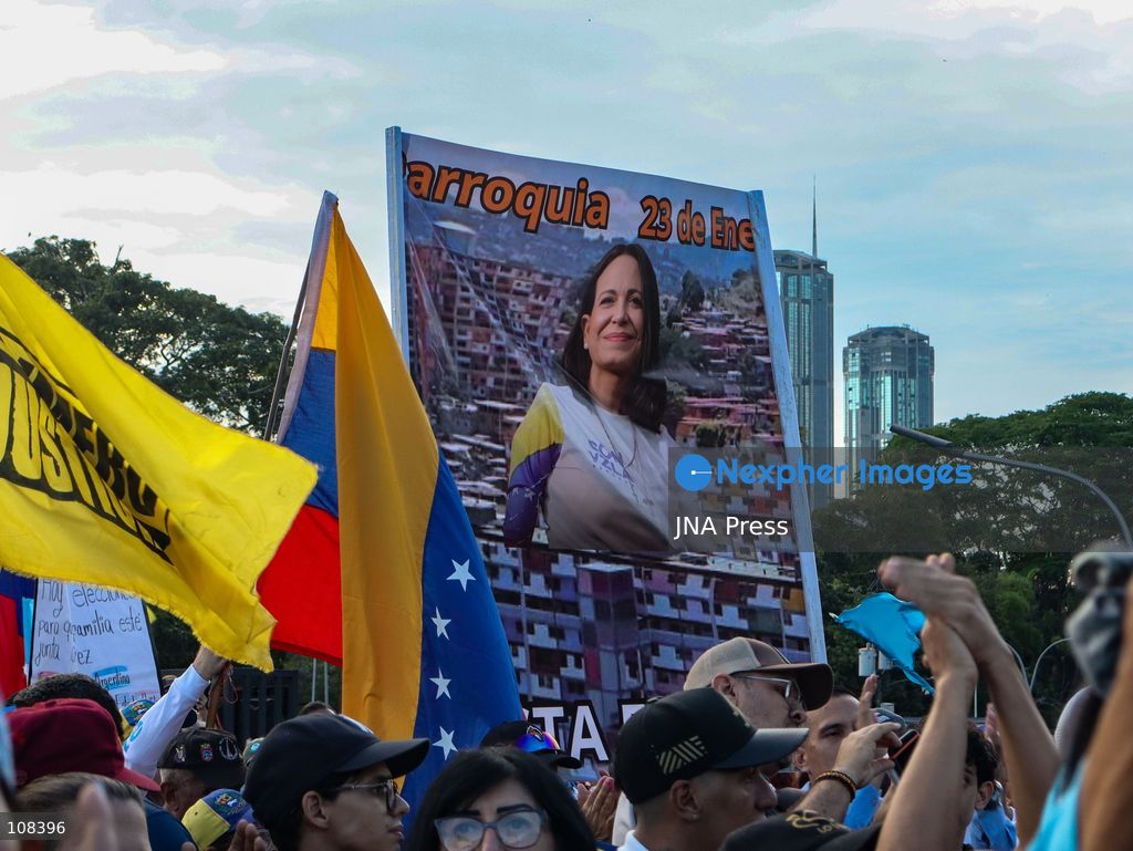 CARACAS, VENEZUELA, OCTOBER 22, 2026: Opposition supporters and leaders gather near Plaza Venezuela in Caracas to demand a timetable for presidential elections, the release of political prisoners and guarantees for opposition leader Maria Corina Machado’s safe return to the country. The demonstration forms part of nationwide mobilisations called by her Vente Venezuela movement. (Photo by Mario Flores/JNA Press via Nexpher Images)