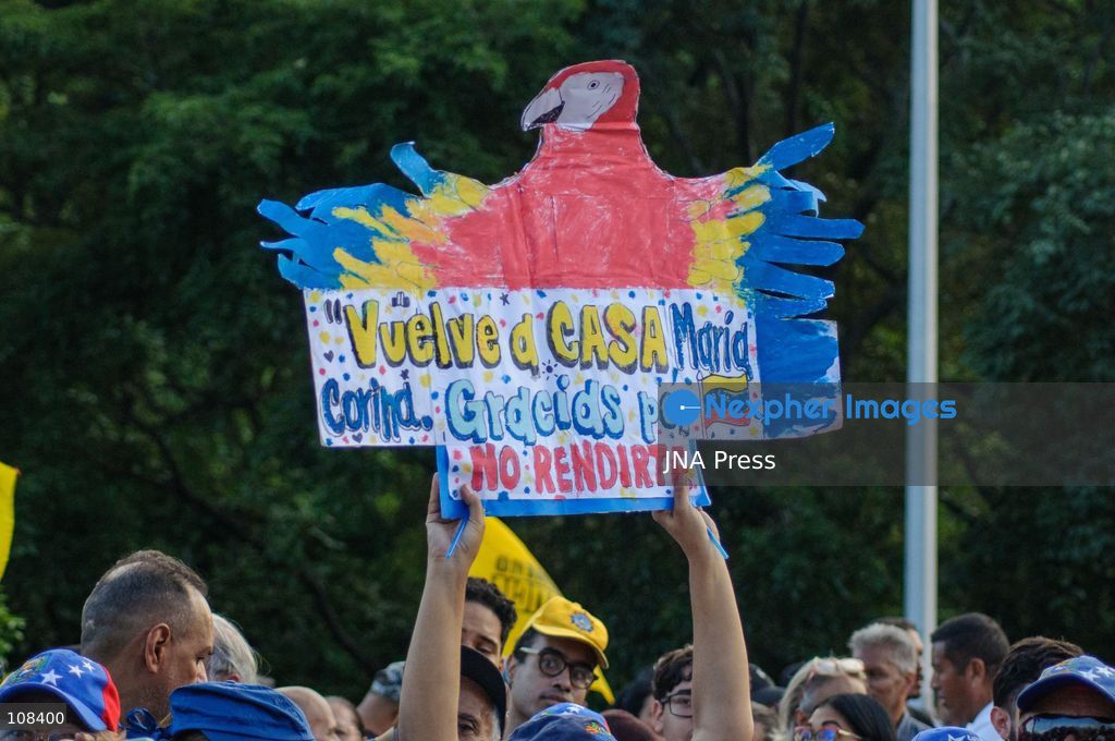 CARACAS, VENEZUELA, OCTOBER 22, 2026: Opposition supporters and leaders gather near Plaza Venezuela in Caracas to demand a timetable for presidential elections, the release of political prisoners and guarantees for opposition leader Maria Corina Machado’s safe return to the country. The demonstration forms part of nationwide mobilisations called by her Vente Venezuela movement. (Photo by Mario Flores/JNA Press via Nexpher Images)