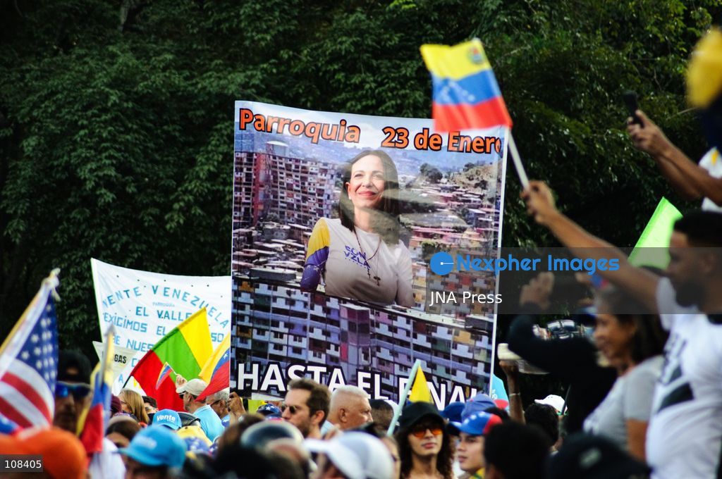 CARACAS, VENEZUELA, OCTOBER 22, 2026: Opposition supporters and leaders gather near Plaza Venezuela in Caracas to demand a timetable for presidential elections, the release of political prisoners and guarantees for opposition leader Maria Corina Machado’s safe return to the country. The demonstration forms part of nationwide mobilisations called by her Vente Venezuela movement. (Photo by Mario Flores/JNA Press via Nexpher Images)