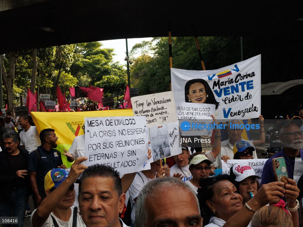 CARACAS, VENEZUELA, OCTOBER 22, 2026: Opposition supporters and leaders gather near Plaza Venezuela in Caracas to demand a timetable for presidential elections, the release of political prisoners and guarantees for opposition leader Maria Corina Machado’s safe return to the country. The demonstration forms part of nationwide mobilisations called by her Vente Venezuela movement. (Photo by Mario Flores/JNA Press via Nexpher Images)