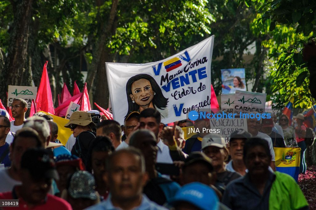 CARACAS, VENEZUELA, OCTOBER 22, 2026: Opposition supporters and leaders gather near Plaza Venezuela in Caracas to demand a timetable for presidential elections, the release of political prisoners and guarantees for opposition leader Maria Corina Machado’s safe return to the country. The demonstration forms part of nationwide mobilisations called by her Vente Venezuela movement. (Photo by Mario Flores/JNA Press via Nexpher Images)