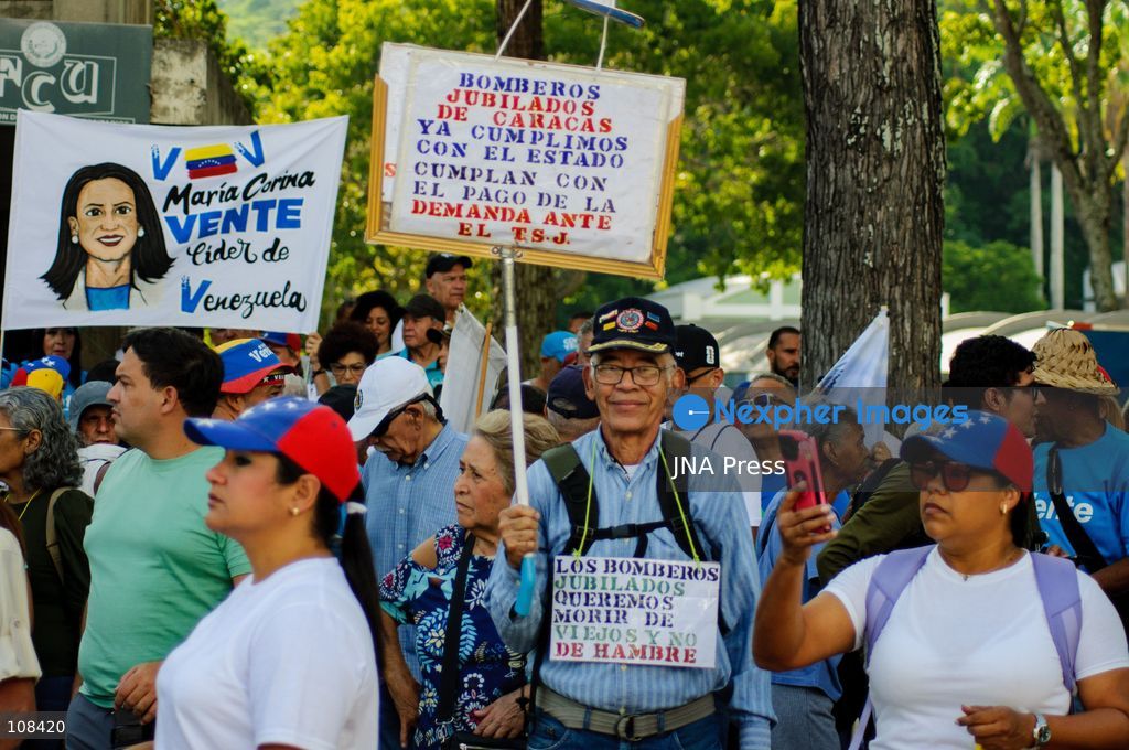 CARACAS, VENEZUELA, OCTOBER 22, 2026: Opposition supporters and leaders gather near Plaza Venezuela in Caracas to demand a timetable for presidential elections, the release of political prisoners and guarantees for opposition leader Maria Corina Machado’s safe return to the country. The demonstration forms part of nationwide mobilisations called by her Vente Venezuela movement. (Photo by Mario Flores/JNA Press via Nexpher Images)