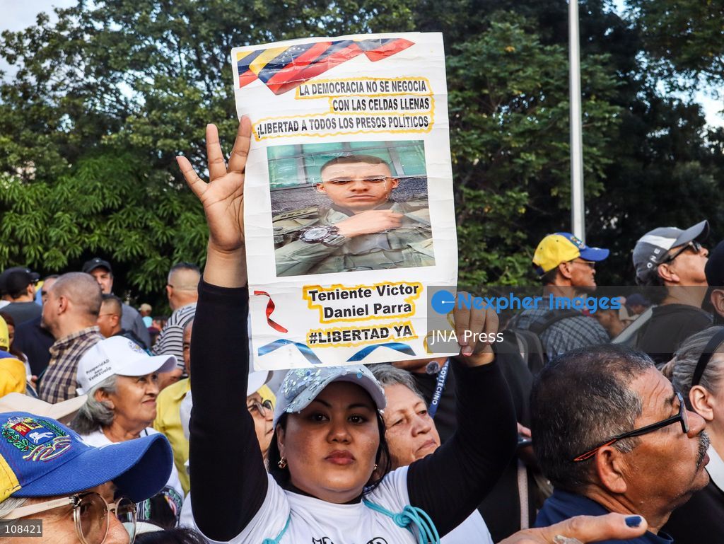 CARACAS, VENEZUELA, OCTOBER 22, 2026: Opposition supporters and leaders gather near Plaza Venezuela in Caracas to demand a timetable for presidential elections, the release of political prisoners and guarantees for opposition leader Maria Corina Machado’s safe return to the country. The demonstration forms part of nationwide mobilisations called by her Vente Venezuela movement. (Photo by Mario Flores/JNA Press via Nexpher Images)