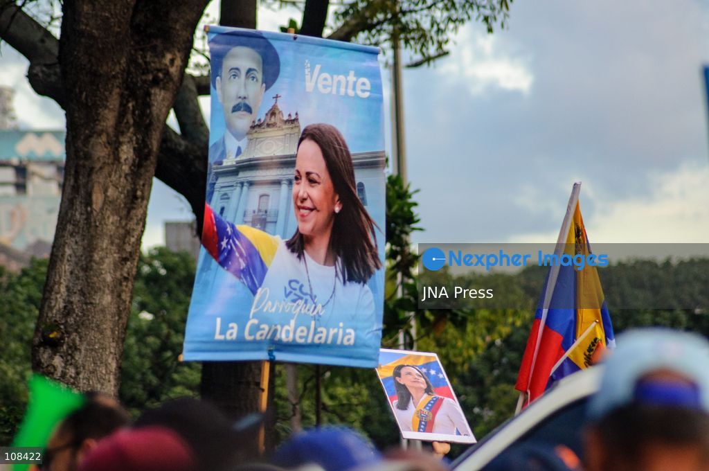 CARACAS, VENEZUELA, OCTOBER 22, 2026: Opposition supporters and leaders gather near Plaza Venezuela in Caracas to demand a timetable for presidential elections, the release of political prisoners and guarantees for opposition leader Maria Corina Machado’s safe return to the country. The demonstration forms part of nationwide mobilisations called by her Vente Venezuela movement. (Photo by Mario Flores/JNA Press via Nexpher Images)