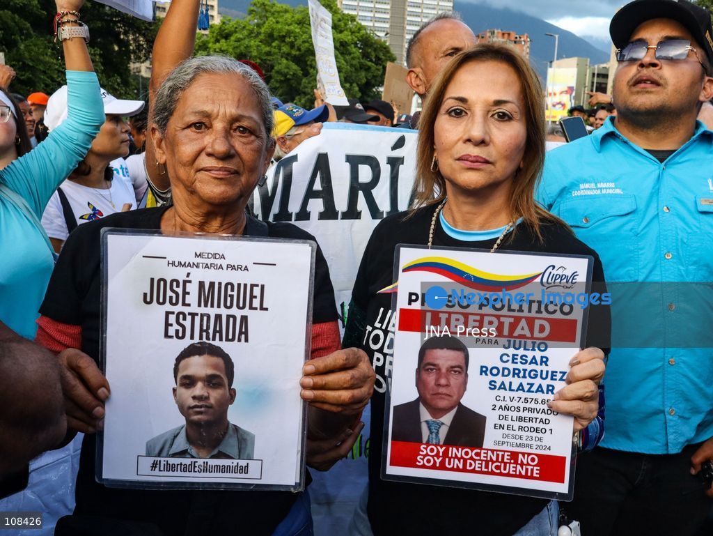 CARACAS, VENEZUELA, OCTOBER 22, 2026: Opposition supporters and leaders gather near Plaza Venezuela in Caracas to demand a timetable for presidential elections, the release of political prisoners and guarantees for opposition leader Maria Corina Machado’s safe return to the country. The demonstration forms part of nationwide mobilisations called by her Vente Venezuela movement. (Photo by Mario Flores/JNA Press via Nexpher Images)