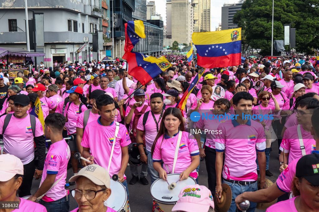 CARACAS, VENEZUELA, OCTOBER 22, 2026: Government supporters march from Plaza Venezuela towards Santa Capilla in central Caracas during a mobilisation marking Breast Cancer Awareness Month and honouring Venezuelan women. The march, called by the ruling United Socialist Party of Venezuela (PSUV), raises awareness of breast cancer and supports people affected by the disease. (Photo by Mario Flores/JNA Press via Nexpher Images)