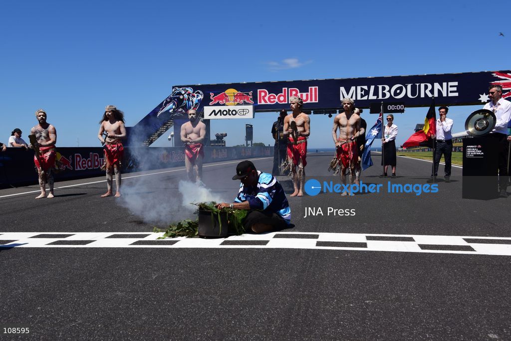 PHILLIP ISLAND, AUSTRALIA, OCTOBER 23, 2026: Indigenous Australians perform a Welcome to Country ceremony during the Australian Motorcycle Grand Prix at Phillip Island Grand Prix Circuit. The ceremony welcomes visitors to the traditional lands of the local Aboriginal people as the three-day MotoGP event begins. (Photo by Alexander Bogatyrev/JNA Press via Nexpher Images)