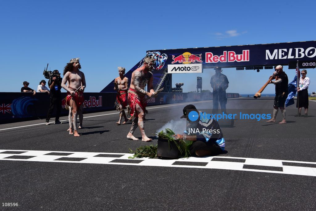 PHILLIP ISLAND, AUSTRALIA, OCTOBER 23, 2026: Indigenous Australians perform a Welcome to Country ceremony during the Australian Motorcycle Grand Prix at Phillip Island Grand Prix Circuit. The ceremony welcomes visitors to the traditional lands of the local Aboriginal people as the three-day MotoGP event begins. (Photo by Alexander Bogatyrev/JNA Press via Nexpher Images)