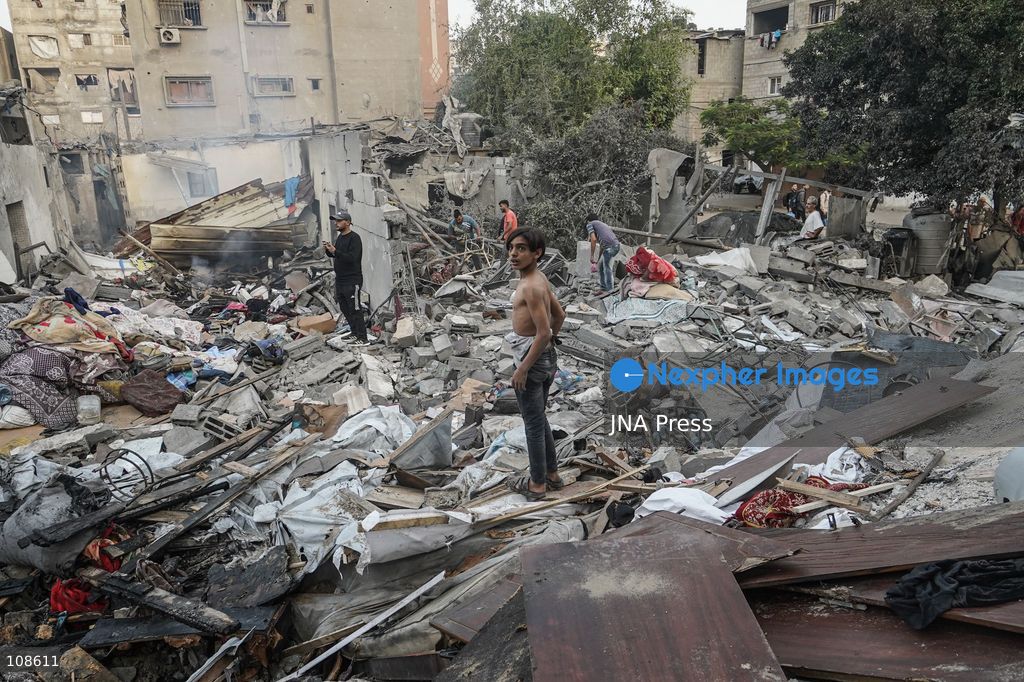 NUSEIRAT, PALESTINE, OCTOBER 23, 2026: Destruction at the site of the Hamad family home following an Israeli airstrike in Nuseirat refugee camp in the central Gaza Strip. The strike destroyed the house and damaged neighbouring homes, leaving rubble across the surrounding residential area. (Photo by Ramzi Abu Amer/JNA Press via Nexpher Images)