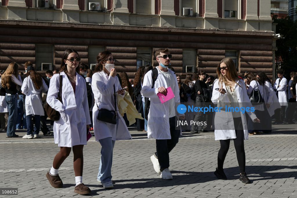 TIRANA, ALBANIA, OCTOBER 23, 2026: University professors and medical students gather outside the Prime Minister’s Office during an anti-government demonstration in Tirana. Protesters call for Prime Minister Edi Rama’s resignation and political change as students, academics and doctors join the continuing protest movement. (Photo by Vlasov Sulaj/JNA Press via Nexpher Images)