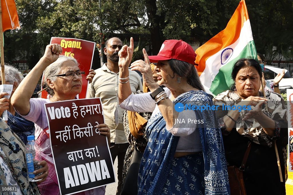 NEW DELHI, INDIA, OCTOBER 23, 2026: Police personnel detain an activist near Bangla Sahib Gurdwara during a protest demanding the resignation of Chief Election Commissioner Gyanesh Kumar. Members of student and civil society organisations attempt to march towards the Election Commission’s headquarters, opposing the Special Intensive Revision (SIR) of electoral rolls. (Photo by Vishal Kapoor/JNA Press via Nexpher Images)