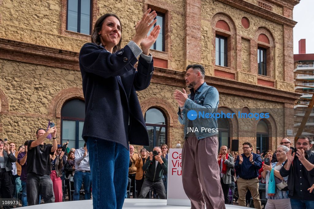 BARCELONA, SPAIN, OCTOBER 24, 2026: The candidates of ERC and Podemos for the general elections, Gabriel Rufián and Irene Montero, have launched their alliance in a joint event of both parties this Saturday in Barcelona. (Photo by Miguel Galmés/JNA Press via Nexpher Images)