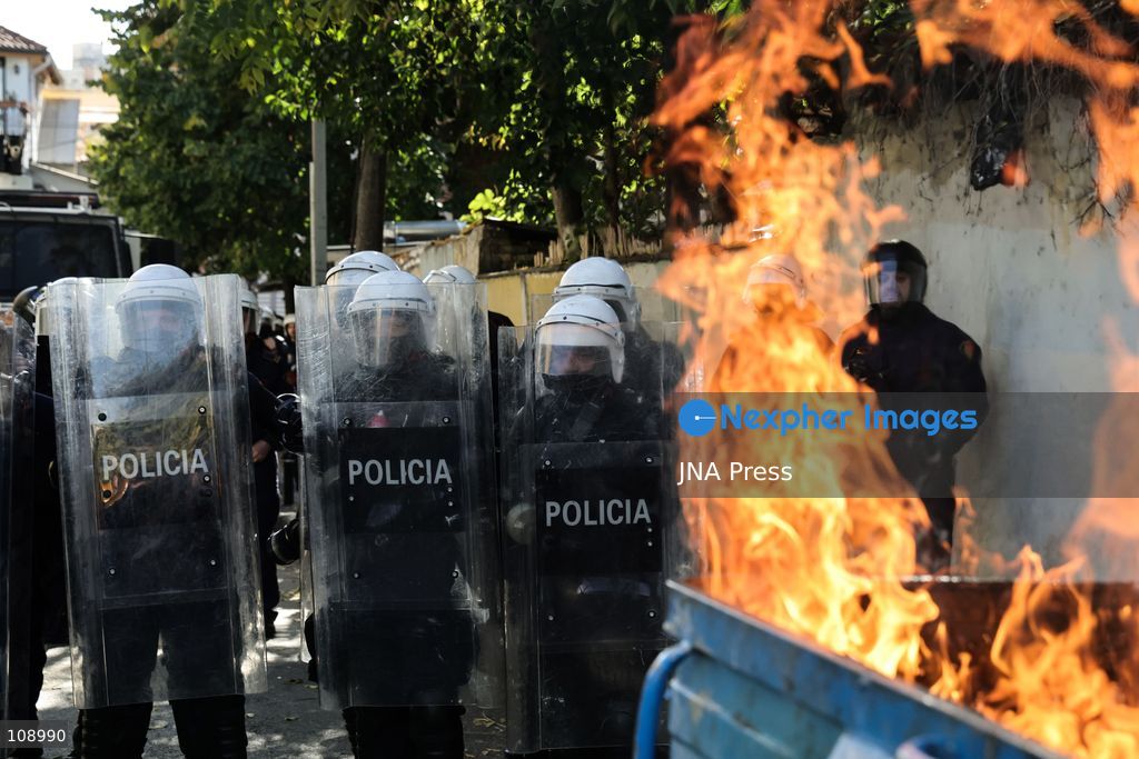 TIRANA, ALBANIA, OCTOBER 24, 2026: Demonstrators clash with riot police during an anti-government protest in central Tirana. Protesters throw stones, pyrotechnics and petrol bombs, while police use tear gas, water cannons and rubber bullets. The demonstrations call for Prime Minister Edi Rama’s resignation, increased support for education and greater political accountability. (Photo by Vlasov Sulaj/JNA Press via Nexpher Images)