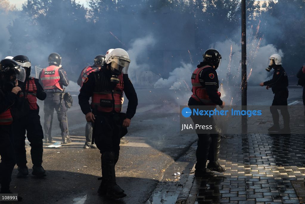 TIRANA, ALBANIA, OCTOBER 24, 2026: Demonstrators clash with riot police during an anti-government protest in central Tirana. Protesters throw stones, pyrotechnics and petrol bombs, while police use tear gas, water cannons and rubber bullets. The demonstrations call for Prime Minister Edi Rama’s resignation, increased support for education and greater political accountability. (Photo by Vlasov Sulaj/JNA Press via Nexpher Images)