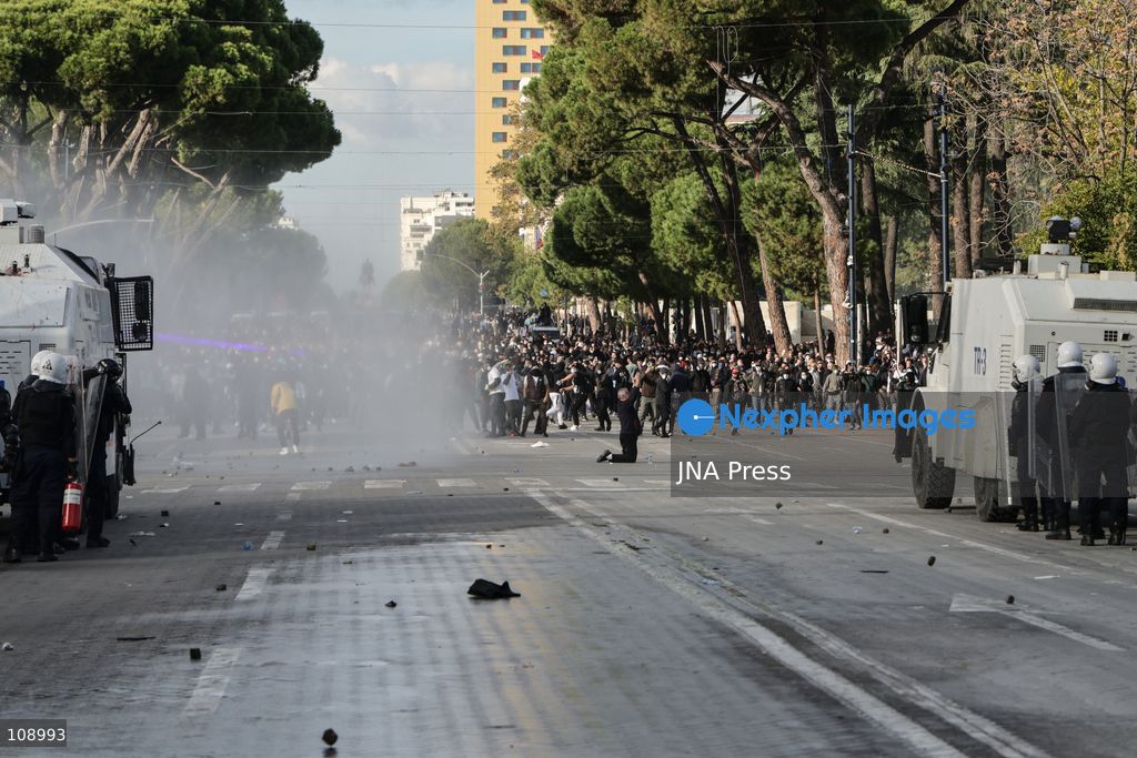 TIRANA, ALBANIA, OCTOBER 24, 2026: Demonstrators clash with riot police during an anti-government protest in central Tirana. Protesters throw stones, pyrotechnics and petrol bombs, while police use tear gas, water cannons and rubber bullets. The demonstrations call for Prime Minister Edi Rama’s resignation, increased support for education and greater political accountability. (Photo by Vlasov Sulaj/JNA Press via Nexpher Images)