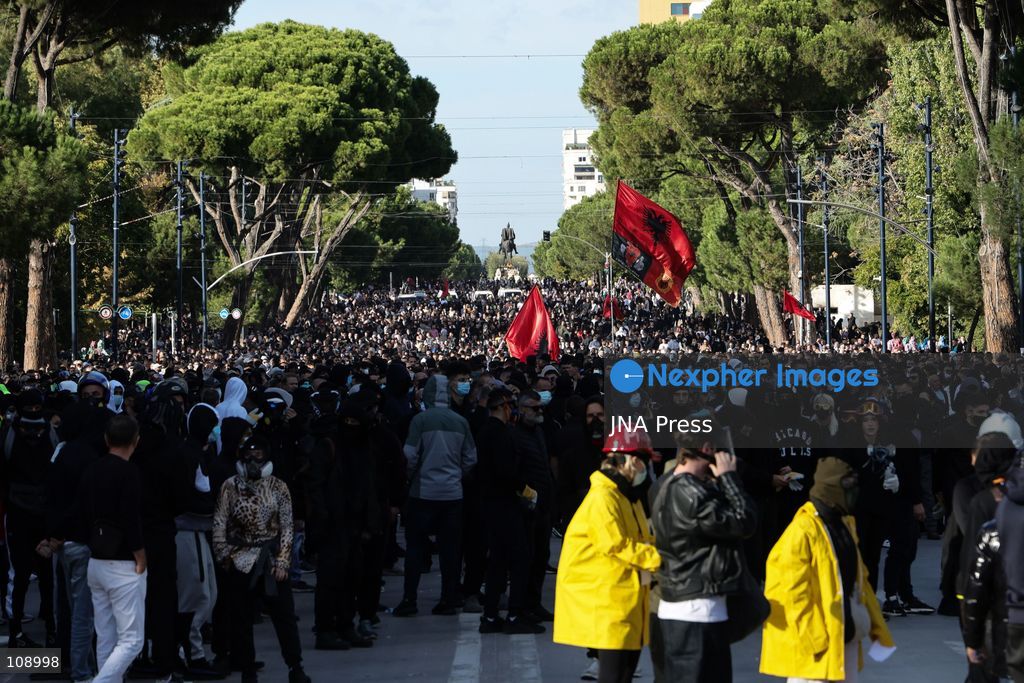 TIRANA, ALBANIA, OCTOBER 24, 2026: Demonstrators clash with riot police during an anti-government protest in central Tirana. Protesters throw stones, pyrotechnics and petrol bombs, while police use tear gas, water cannons and rubber bullets. The demonstrations call for Prime Minister Edi Rama’s resignation, increased support for education and greater political accountability. (Photo by Vlasov Sulaj/JNA Press via Nexpher Images)