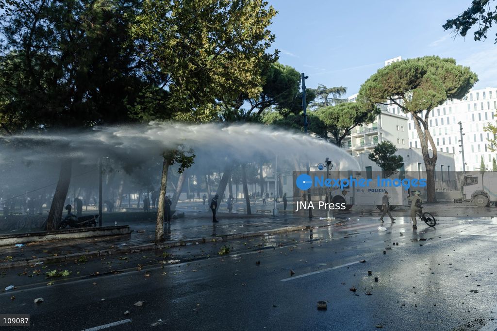 TIRANA, ALBANIA, OCTOBER 24, 2026: Demonstrators gather in central Tirana as students join a wider anti-government protest demanding Prime Minister Edi Rama’s resignation. The mobilisation brings together students, university professors and opposition supporters calling for increased education funding and greater political accountability. (Photo by Konstantinos Zilos/JNA Press via Nexpher Images)