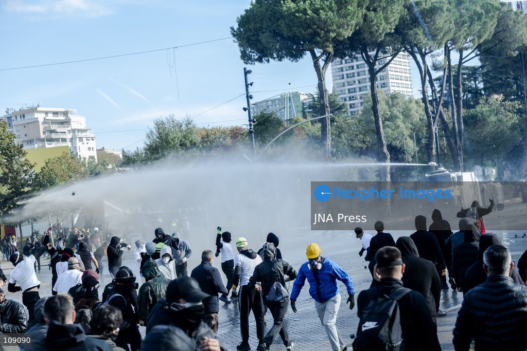 TIRANA, ALBANIA, OCTOBER 24, 2026: Demonstrators gather in central Tirana as students join a wider anti-government protest demanding Prime Minister Edi Rama’s resignation. The mobilisation brings together students, university professors and opposition supporters calling for increased education funding and greater political accountability. (Photo by Konstantinos Zilos/JNA Press via Nexpher Images)