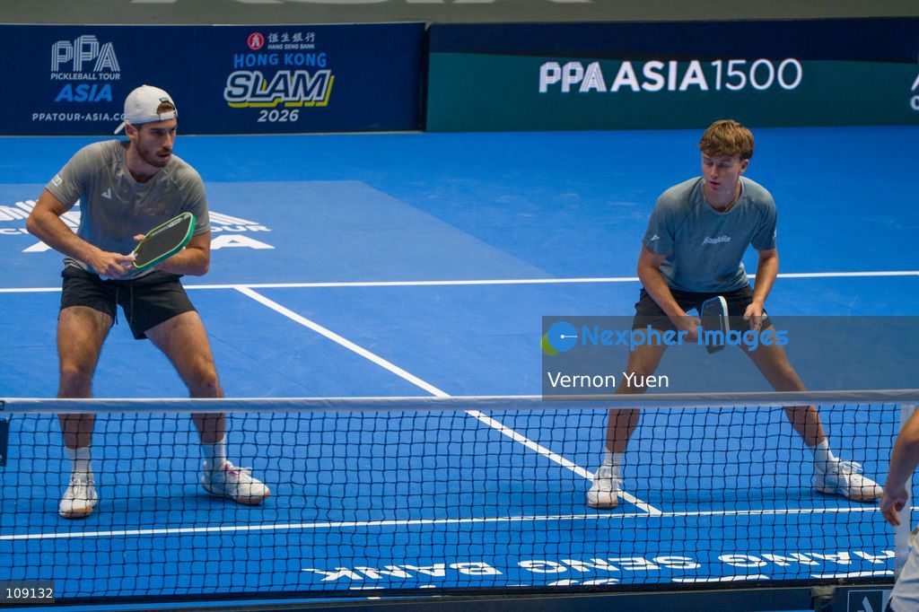 Argentinian pickleball player Federico Staksrud and American pickleball player Hayden Patriquin during the men’s double finals at the Hong Kong Slam 2026 October 25, 2026 in Hong Kong. (Photo by Vernon Yuen/Nexpher Images)