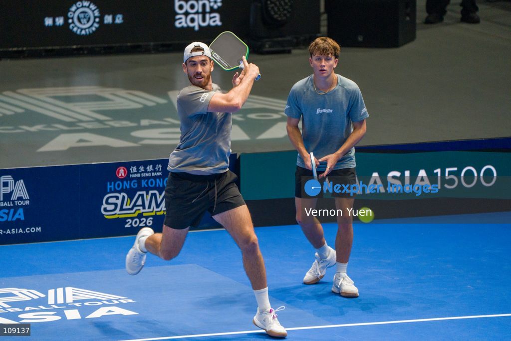 Argentinian pickleball player Federico Staksrud and American pickleball player Hayden Patriquin during the men’s double finals at the Hong Kong Slam 2026 October 25, 2026 in Hong Kong. (Photo by Vernon Yuen/Nexpher Images)
