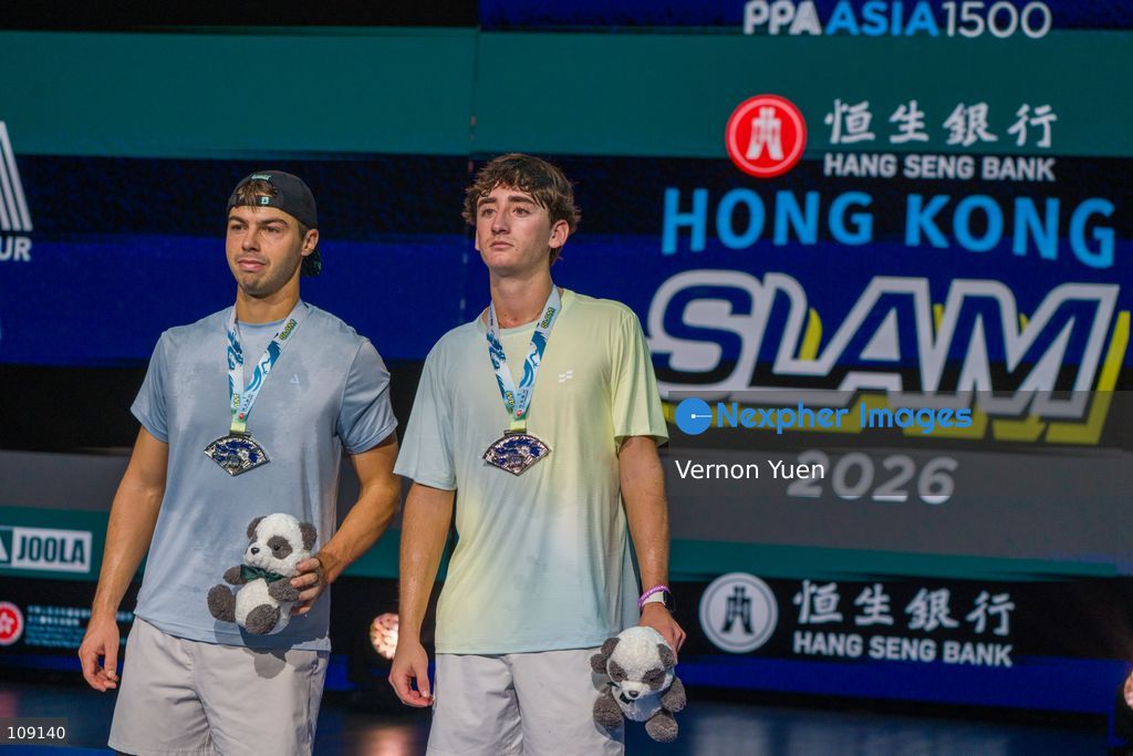Bolivian pickleball player Gabriel Tardio and American pickleball player Ben Johns at the prize presentation ceremony after the men’s double finals at the Hong Kong Slam 2026 October 25, 2026 in Hong Kong. (Photo by Vernon Yuen/Nexpher Images)