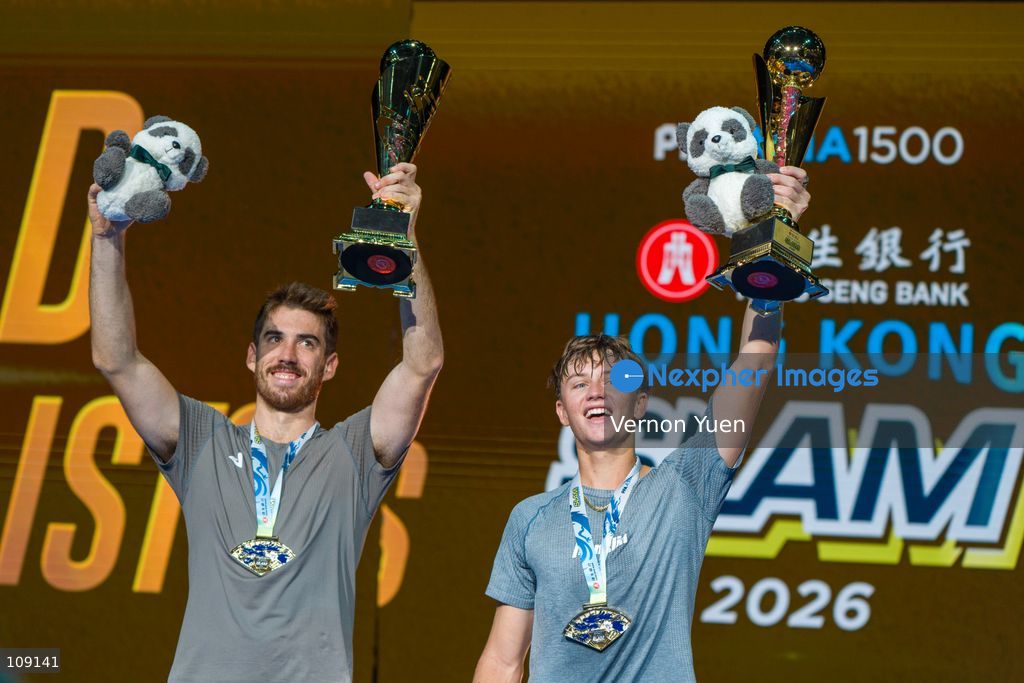 Argentinian pickleball player Federico Staksrud and American pickleball player Hayden Patriquin holding up their trophy after winning the men’s double finals at the Hong Kong Slam 2026 October 25, 2026 in Hong Kong. (Photo by Vernon Yuen/Nexpher Images)