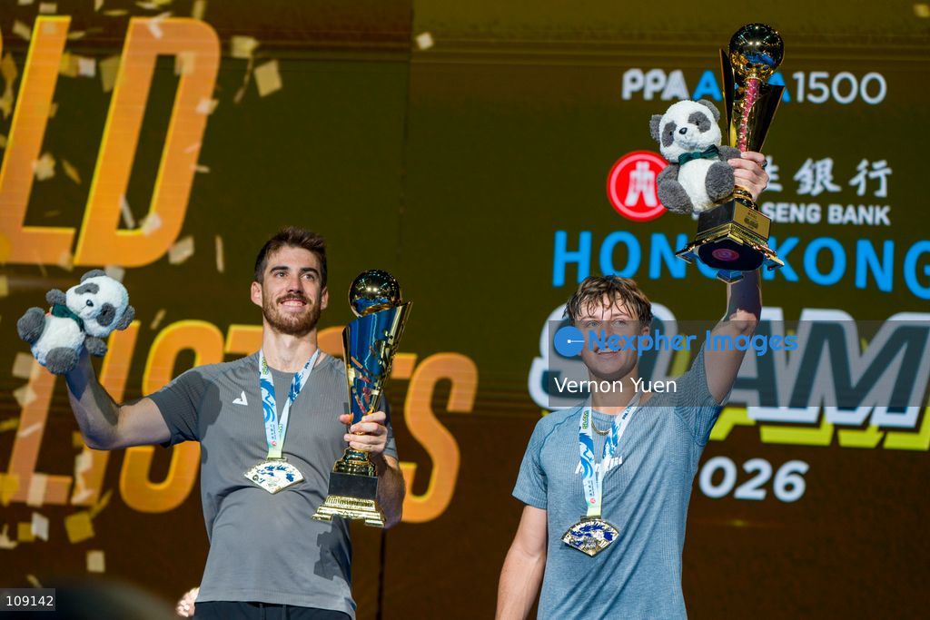 Argentinian pickleball player Federico Staksrud and American pickleball player Hayden Patriquin holding up their trophy after winning the men’s double finals at the Hong Kong Slam 2026 October 25, 2026 in Hong Kong. (Photo by Vernon Yuen/Nexpher Images)