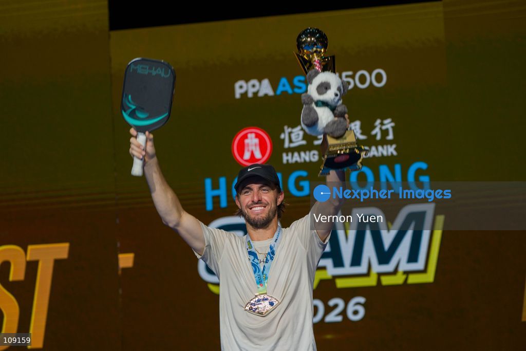 American pickleball player Hunter Johnson at the prize presentation ceremony after winning the men’s single finals at the Hong Kong Slam 2026 October 25, 2026 in Hong Kong. (Photo by Vernon Yuen/Nexpher Images)