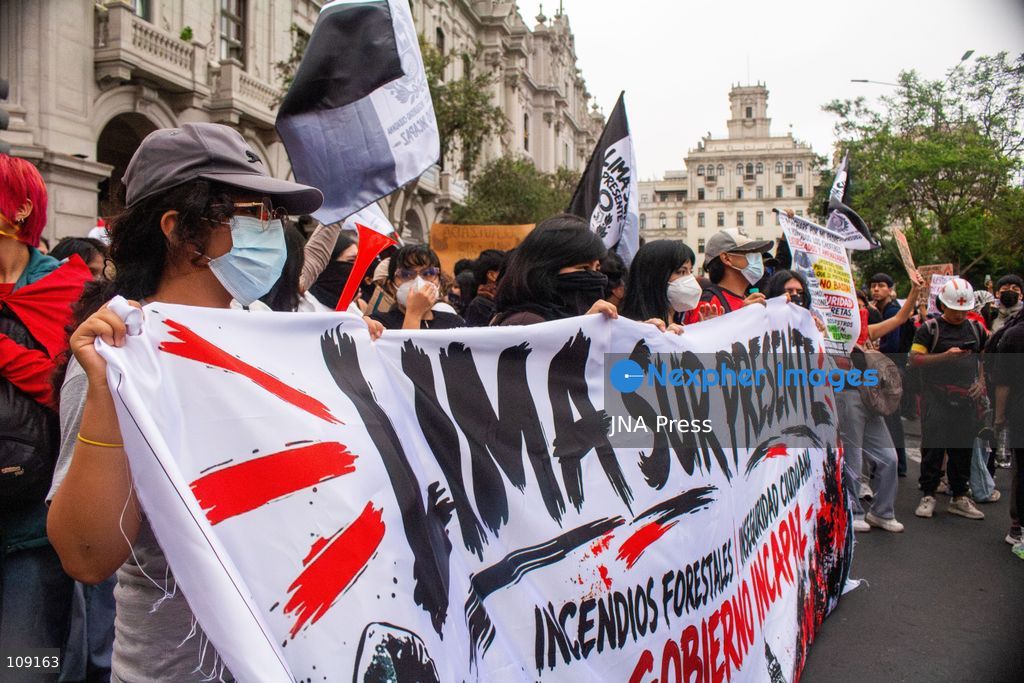 LIMA, PERU - OCTOBER 24, 2026: Citizens take part in a demonstration that starts at Plaza San Martín to protest the government's response to wildfires affecting the country's highlands and upper jungle, as well as growing insecurity, extortion and the political crisis. Demonstrators voice their dissatisfaction with the authorities' handling of these issues and their failure to respond adequately to public concerns. (Photo by Ruby Farah/JNA Press via Nexpher Images)