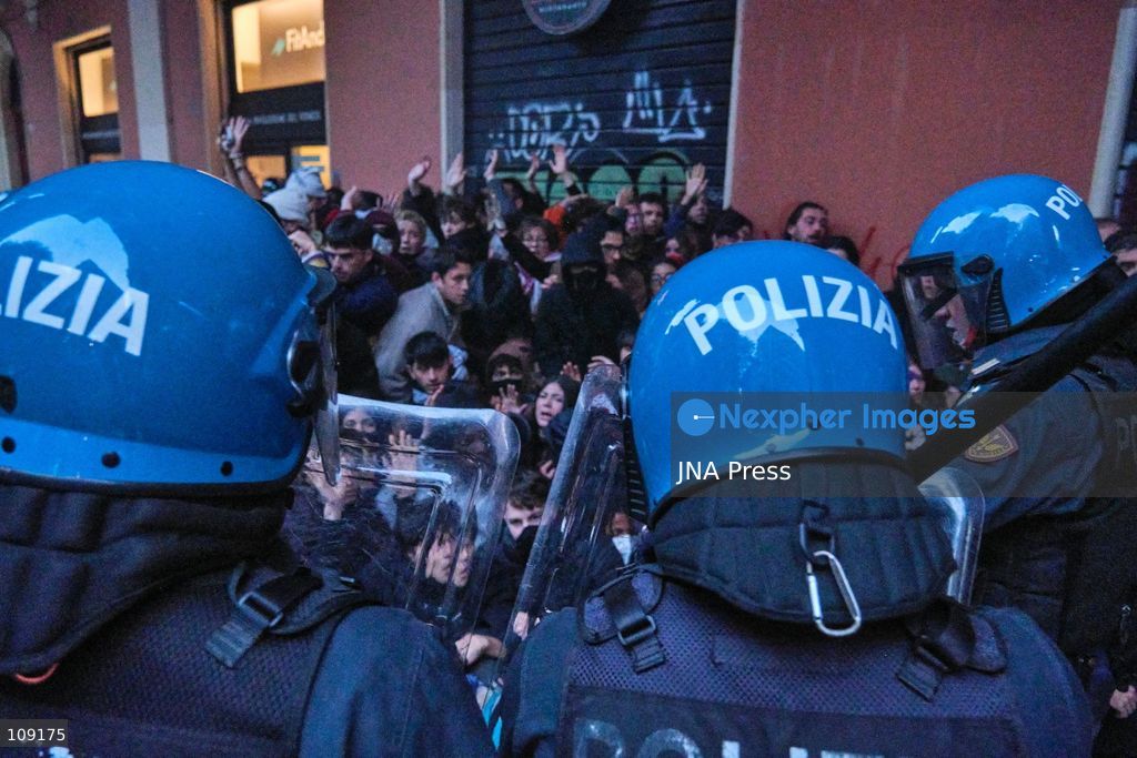 BOLOGNA, ITALY - OCTOBER 24, 2026: Thousands of people gathered spontaneously in Piazza del Nettuno before setting off in a march through the city centre. Clashes broke out along Via Marconi. Several people were injured, and a young man lost consciousness after being tackled by police. A police water cannon was also used from behind the protesters and hit the ambulance that was assisting the unconscious man. In protest, demonstrators sat down in front of the police line, which, after several minutes, decided to disband its wall of shields. (Photo by Lorenzo Pasini/JNA Press via Nexpher Images)