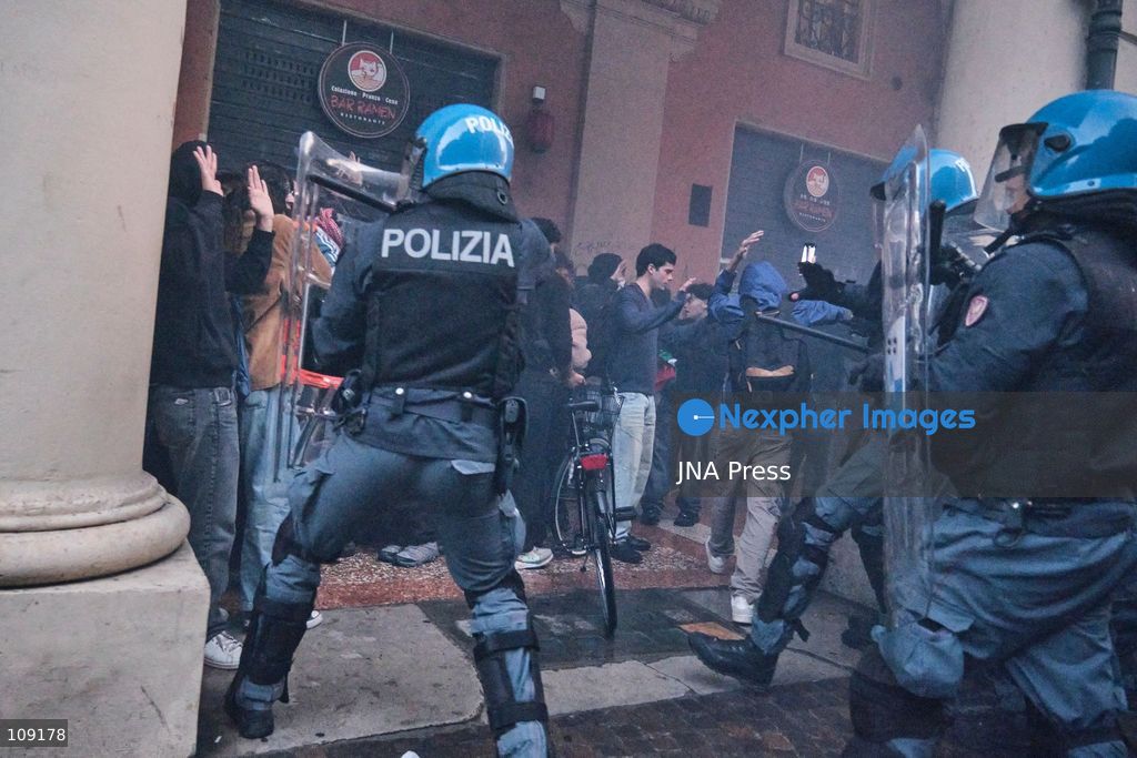 BOLOGNA, ITALY - OCTOBER 24, 2026: Thousands of people gathered spontaneously in Piazza del Nettuno before setting off in a march through the city centre. Clashes broke out along Via Marconi. Several people were injured, and a young man lost consciousness after being tackled by police. A police water cannon was also used from behind the protesters and hit the ambulance that was assisting the unconscious man. In protest, demonstrators sat down in front of the police line, which, after several minutes, decided to disband its wall of shields. (Photo by Lorenzo Pasini/JNA Press via Nexpher Images)
