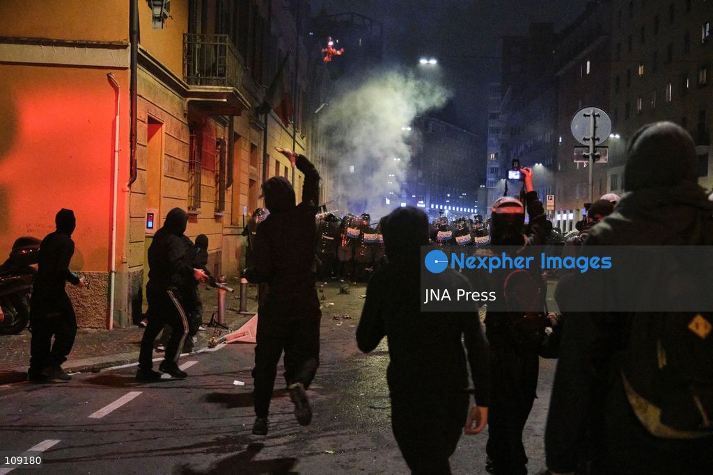 BOLOGNA, ITALY - OCTOBER 24, 2026: Thousands of people gathered spontaneously in Piazza del Nettuno before setting off in a march through the city centre. Clashes broke out along Via Marconi. Several people were injured, and a young man lost consciousness after being tackled by police. A police water cannon was also used from behind the protesters and hit the ambulance that was assisting the unconscious man. In protest, demonstrators sat down in front of the police line, which, after several minutes, decided to disband its wall of shields. (Photo by Lorenzo Pasini/JNA Press via Nexpher Images)