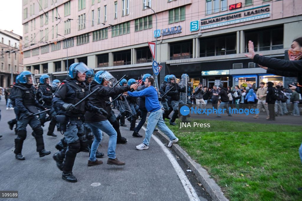 BOLOGNA, ITALY - OCTOBER 24, 2026: Thousands of people gathered spontaneously in Piazza del Nettuno before setting off in a march through the city centre. Clashes broke out along Via Marconi. Several people were injured, and a young man lost consciousness after being tackled by police. A police water cannon was also used from behind the protesters and hit the ambulance that was assisting the unconscious man. In protest, demonstrators sat down in front of the police line, which, after several minutes, decided to disband its wall of shields. (Photo by Lorenzo Pasini/JNA Press via Nexpher Images)