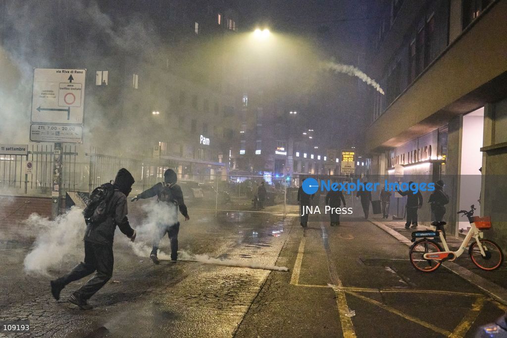 BOLOGNA, ITALY - OCTOBER 24, 2026: Thousands of people gathered spontaneously in Piazza del Nettuno before setting off in a march through the city centre. Clashes broke out along Via Marconi. Several people were injured, and a young man lost consciousness after being tackled by police. A police water cannon was also used from behind the protesters and hit the ambulance that was assisting the unconscious man. In protest, demonstrators sat down in front of the police line, which, after several minutes, decided to disband its wall of shields. (Photo by Lorenzo Pasini/JNA Press via Nexpher Images)