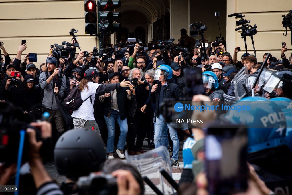 TURIN, ITALY - OCTOBER 24, 2026: Thousands of people joined a demonstration against rearmament and the rising cost of living in Turin. Clashes broke out with police, who blocked the march from reaching the city centre. (Photo by Luca Roggero/JNA Press via Nexpher Images)