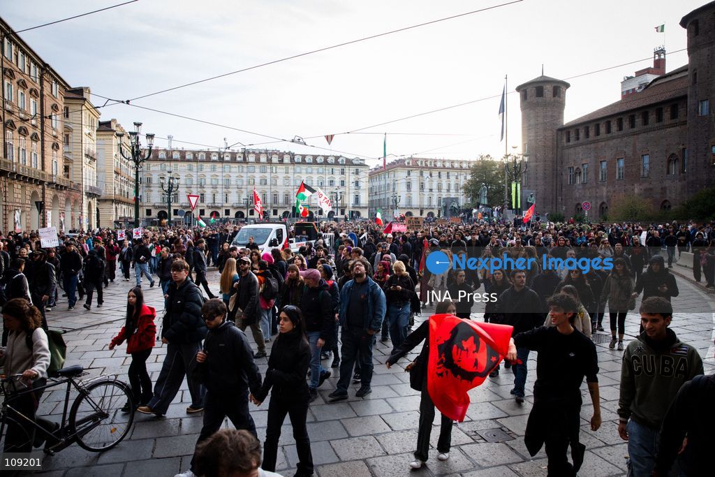 TURIN, ITALY - OCTOBER 24, 2026: Thousands of people joined a demonstration against rearmament and the rising cost of living in Turin. Clashes broke out with police, who blocked the march from reaching the city centre. (Photo by Luca Roggero/JNA Press via Nexpher Images)