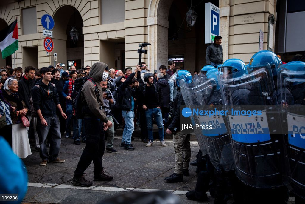 TURIN, ITALY - OCTOBER 24, 2026: Thousands of people joined a demonstration against rearmament and the rising cost of living in Turin. Clashes broke out with police, who blocked the march from reaching the city centre. (Photo by Luca Roggero/JNA Press via Nexpher Images)